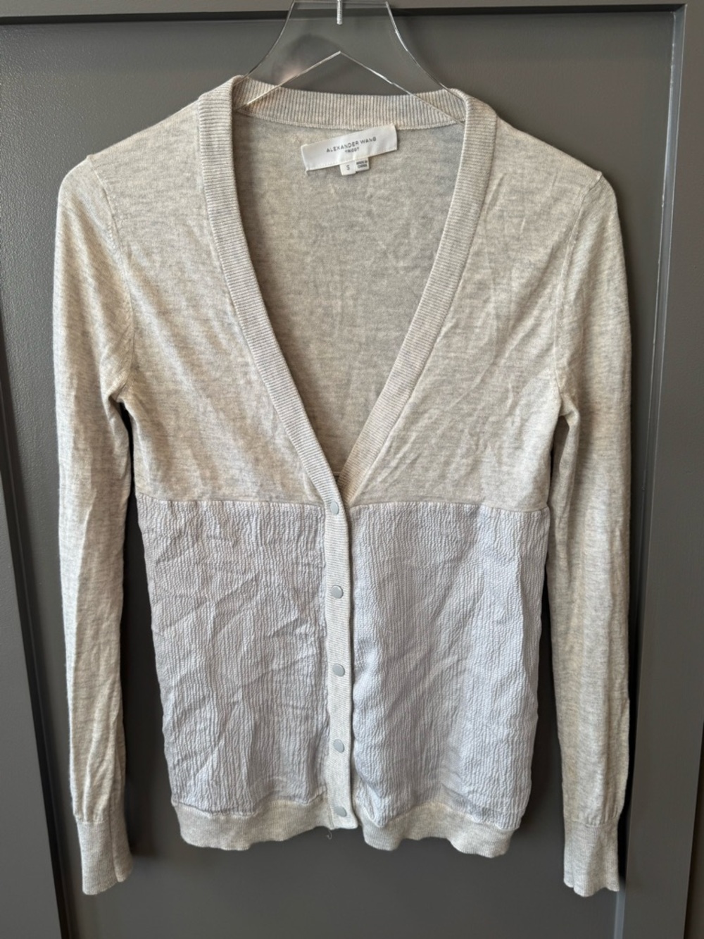 ALEXANDER WANG Cardigan Silk Cashmere Light Grey Two-Tone V-Neck Cardigan